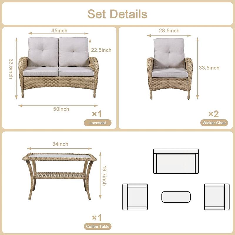 Gymojoy 4-piece Outdoor Sofa Chair Table Set with Cushion