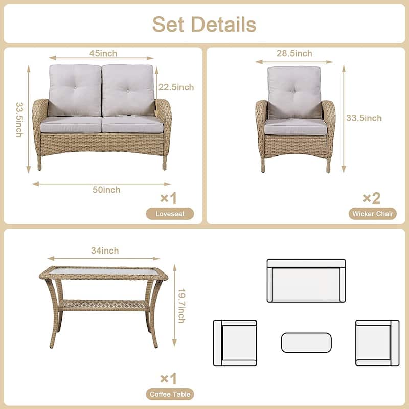 Gymojoy Outdoor Loveseat Sofa Club Chair Table Set with PE Wicker