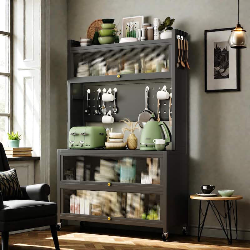 65'' Tall Kitchen Bakers Rack with Flip Door Cabinet, 5 Tier Microwave Stand Coffee Bar with Pegboard Hooks