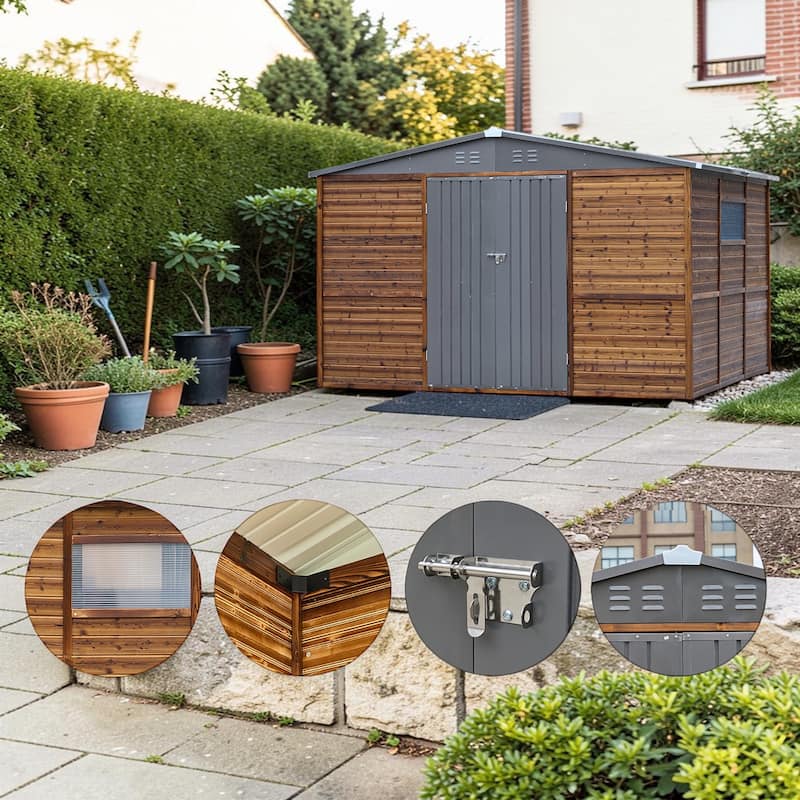 8x10 FT Wood and Metal Storage Shed, Cedar Outdoor Garden Shed with Iron Roof, Double Doors, Windows and Vents