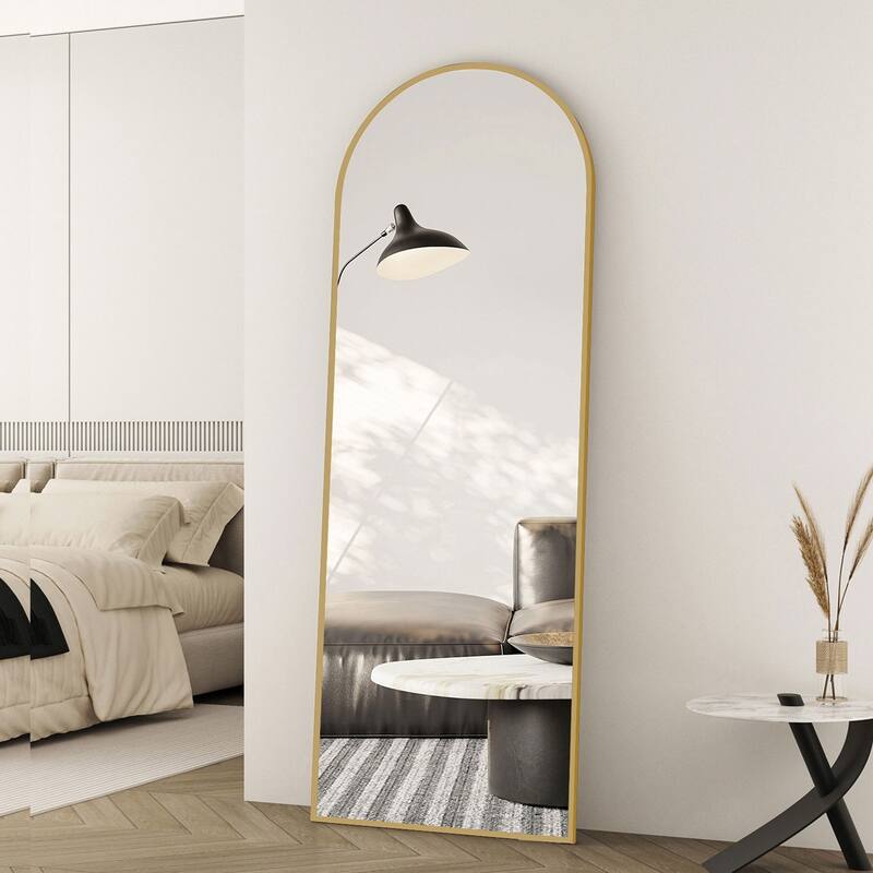Arched Full Length Mirror with Stand, Floor Standing Mirrors for Bedroom Body Hanging Leaning Wall Living Room Cloakroom ﻿ - 21x64 - Gold