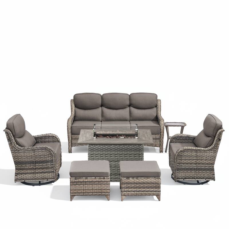 Meyreso 7-Piece Wicker Outdoor Patio Fire Pit Conversation Set with 6-Inch Thick Cushions