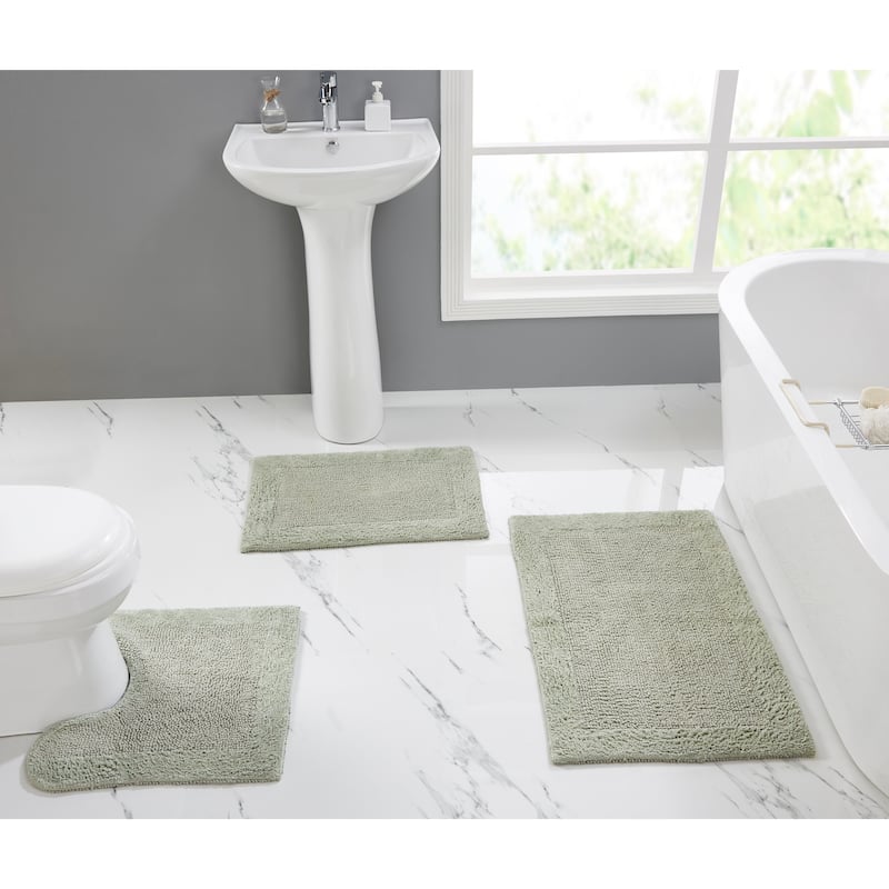 Better Trends Bath Rugs 100% Cotton Soft Water Absorbent Chenille Bathroom Rug for Shower, Sink Mats Edge Collection - 3 Piece Set (17" x 24" | 20" x 20" | 21" x 34") - Sage