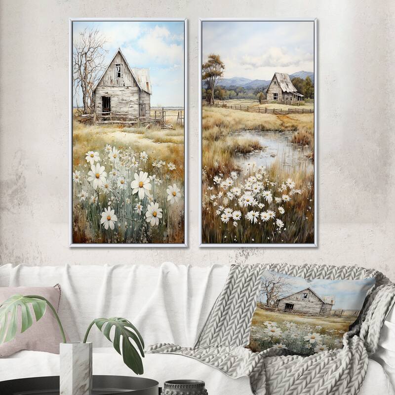 Designart "Farmhouse Quiet Retreat" Farm Framed Wall Art Set Of 2 - White Gallery Set For Office Decor