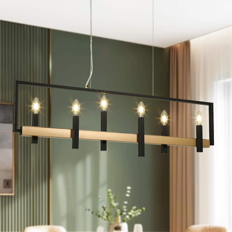 Modern Farmhouse 6-Light Linear Chandelier Black Gold Candle Island Lights for Dining Room - L39.4" x H72.7" Max