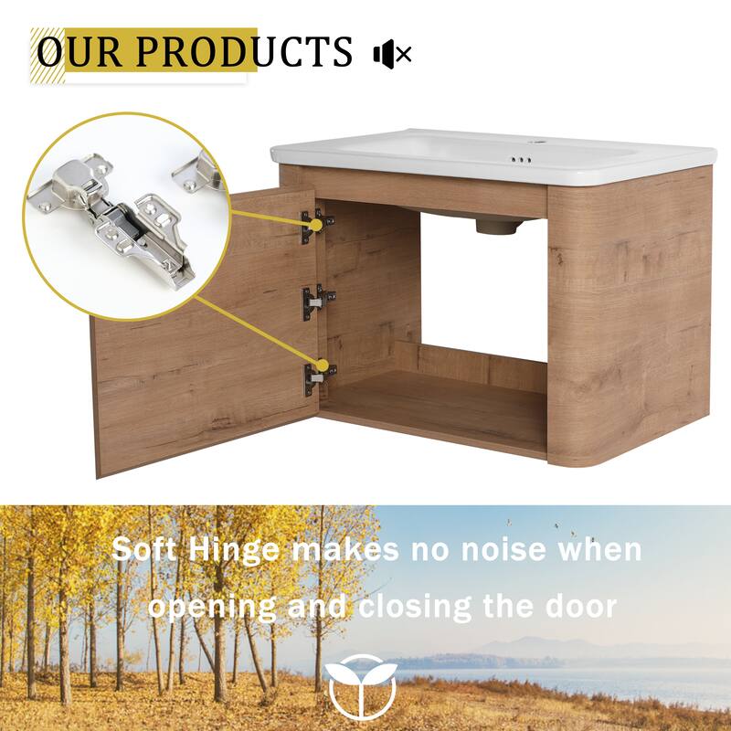 28'' Wall-Mounted Bathroom Vanity with White Ceramic Sink & 1-Soft-Close Door, KD-Packing, Plywood