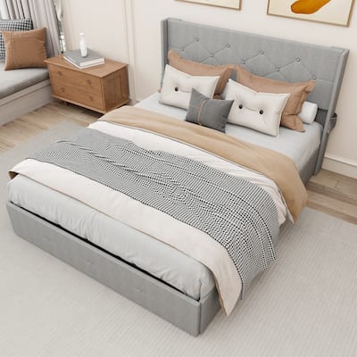 Full Size Bed Frame with Gas Lift Storage Bed with Modern Wingback Headboard, USB Ports