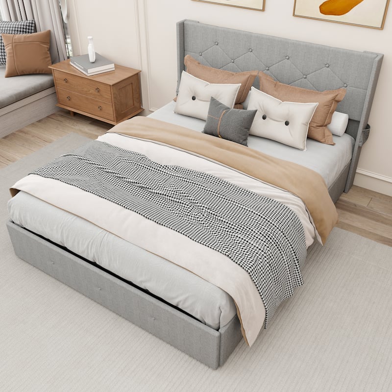 Full Size Lift-Up Storage Bed Frame with USB Ports & Modern Wingback Headboard, No Box Spring Needed - Light Gray