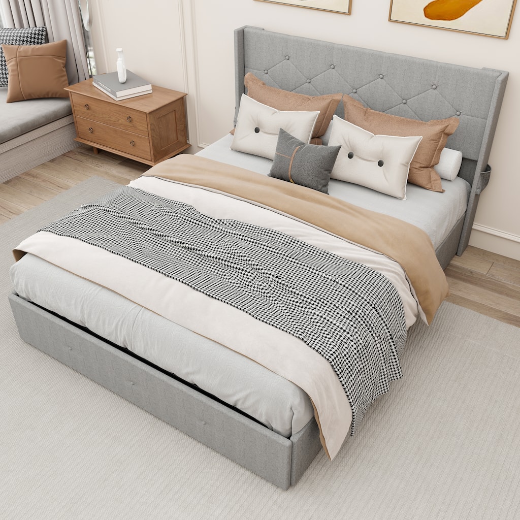 Light Gray Full Size Modern Metal Platform Bed with Storage,Wingback Headboard and USB Ports