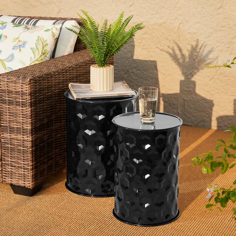 Glitzhome Set of 2 Glossy Black Metal Outdoor Table Accent Stool - 14.25"W x 14.25"D x 18.75"H - Black