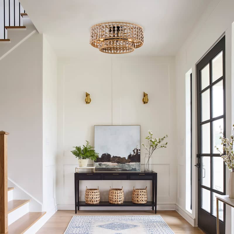 Bohemia 3-Light Antique White Two-Tier Hand-Beaded Drum Flush Mount Ceiling Light - 15.75-in W