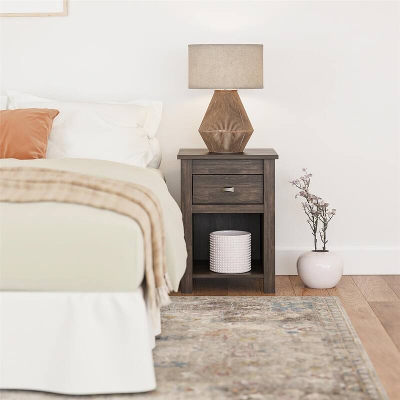 Rustic Style Nightstand with Drawer and Open Cubby