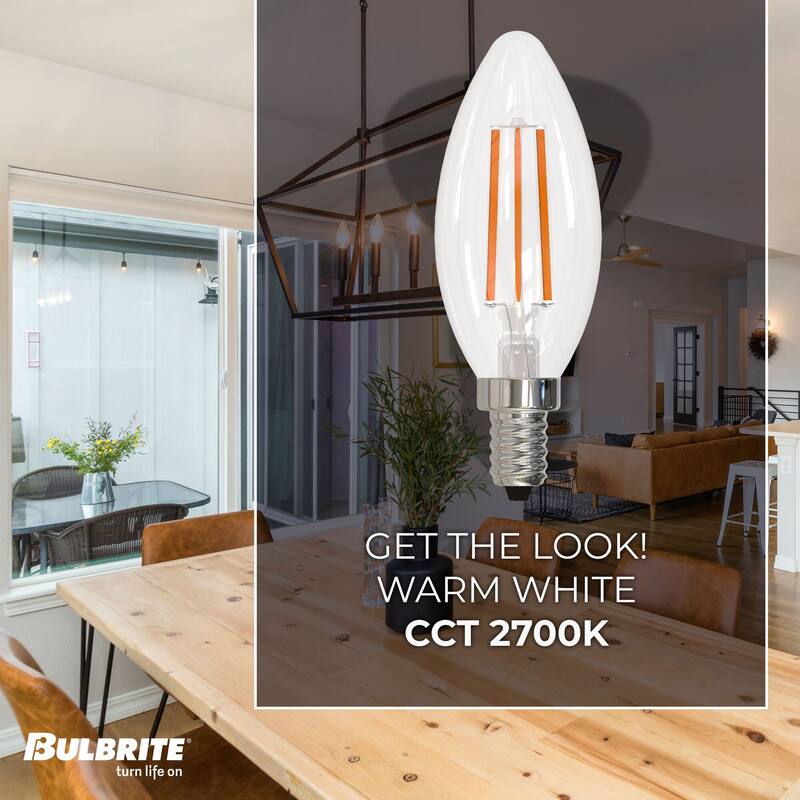 Bulbrite LED Filament Pack of (4) 6.5 Watt Dimmable B11 Light Bulbs with a Clear Finish and Medium (E26) Base - Warm White Light