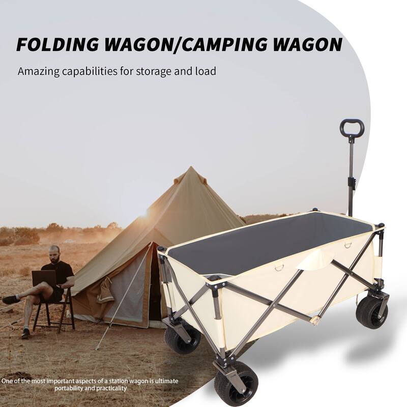 Heavy Duty Utility Folding Wagon Cart with Big Wheels, Adjustable Handle&Drink Holders