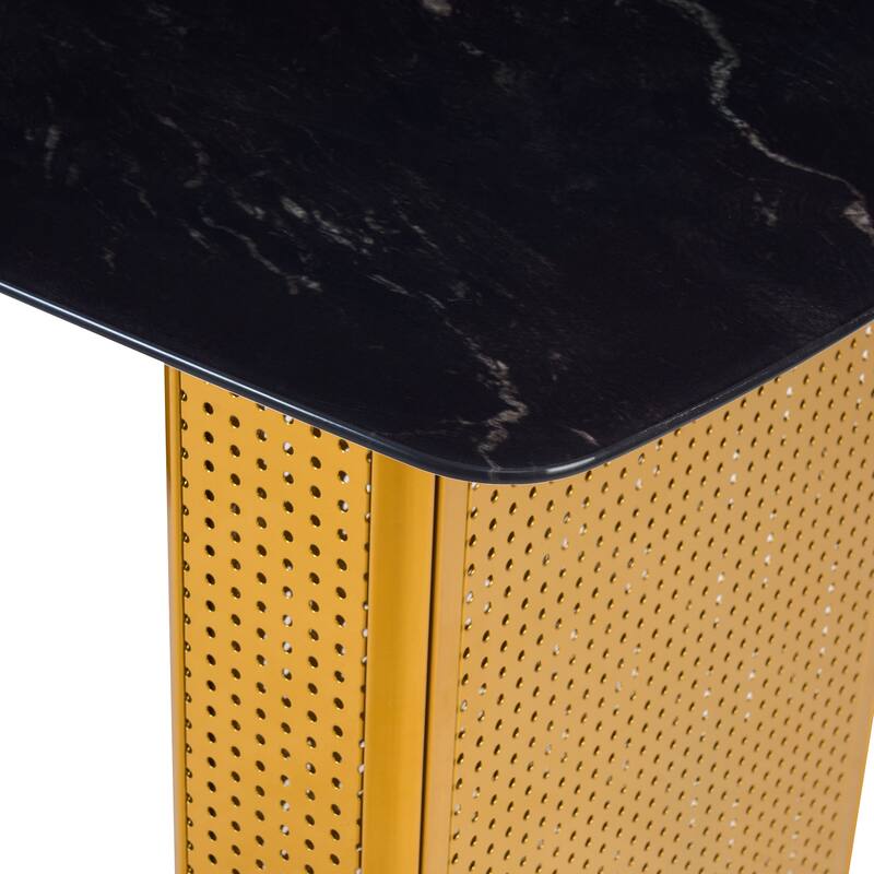 Modern Rectangular Tempered Glass Dining Table, Marble-Patterned Design with Gold Dual-Pedestal Metal Base for Dining Room