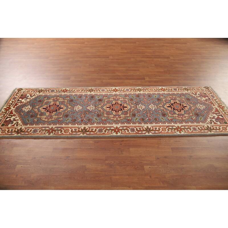 Gray Geometric Heriz Serapi Oriental Runner Rug Wool Carpet - 2'7" x 8'1"