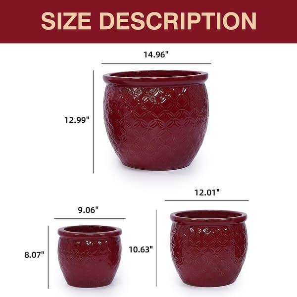 Set of 3 Handmade Ceramic Flower Pot 15/12/10 Inch Diameter, with Floral Embossed Pattern, for Orchids, Outdoor Breathable Clay - Bean paste red