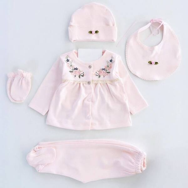 slide 2 of 3, Newborn Baby Girl Outfit Set - Flower Embroidered Layette & Lace Details - 5 Pcs Pink
