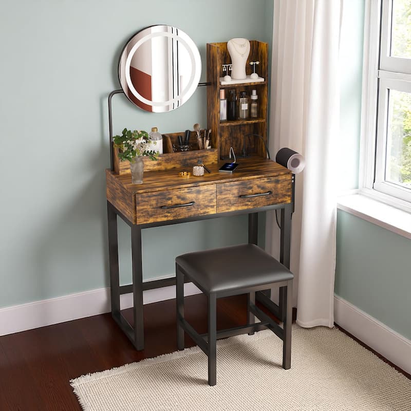 KISRAIS 31.4" Fashion Vanity Desk with Mirror and Lights, Cushioned Stool, Power Station, and Hair dryer bracket