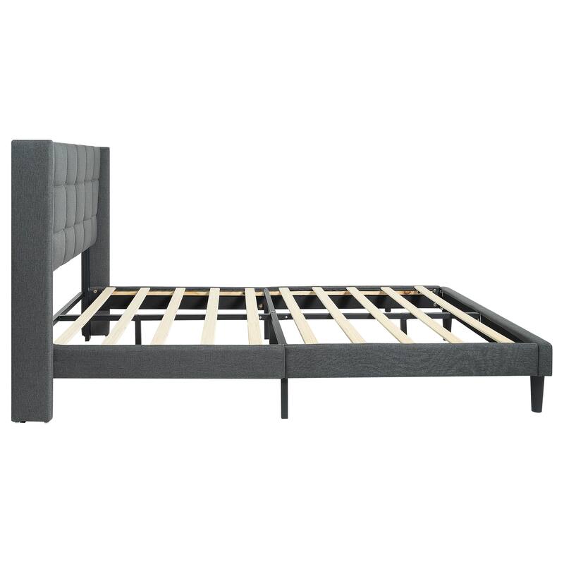 Queen Size Upholstered Platform Bed Frame with Button Tufted Linen Fabric Headboard, No Box Spring Needed, Wood Slat Support