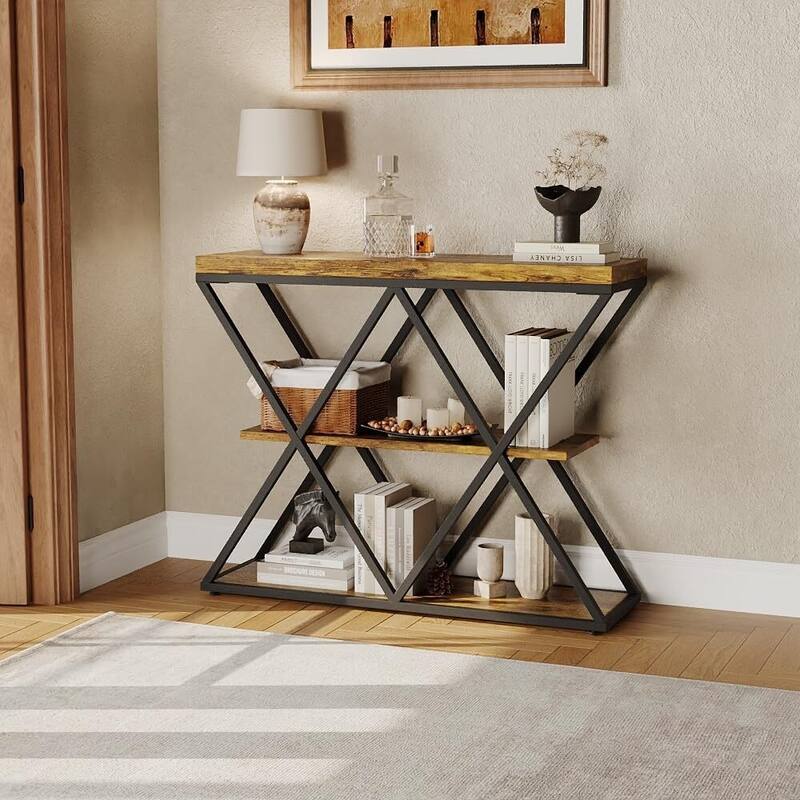 3-Tier X-Shaped Console Table, Entryway Table with Storage Shelf