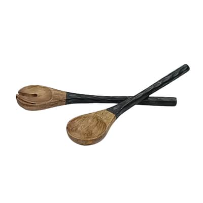 Set of 2 Wooden Carved Salad Servers Natural & Black -ST - Black & Natural - Black & Natural