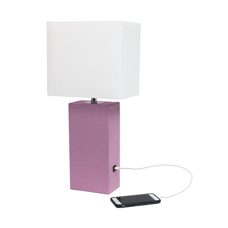 Modern Leather Table Lamp with USB and White Fabric Shade