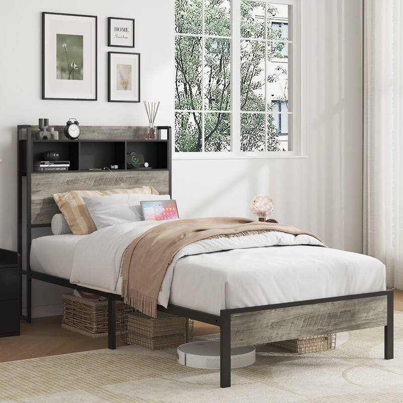 Single Bed Frame with Storage Headboard and Charging Station