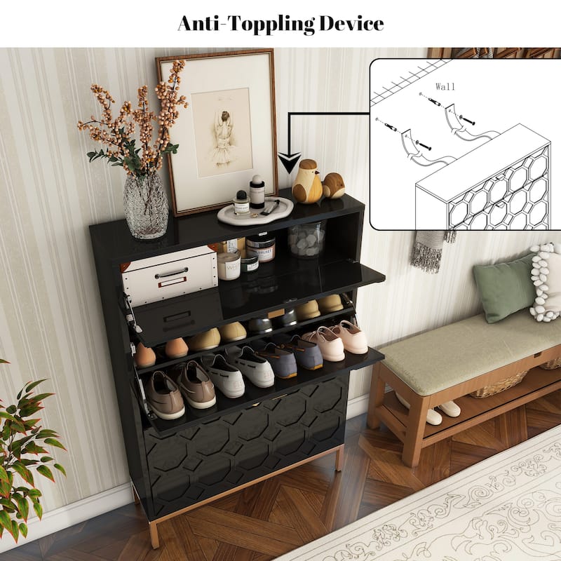 Clihome Shoe Organizer 24 Pairs Wood Shoe Storage Cabinet with Drawers