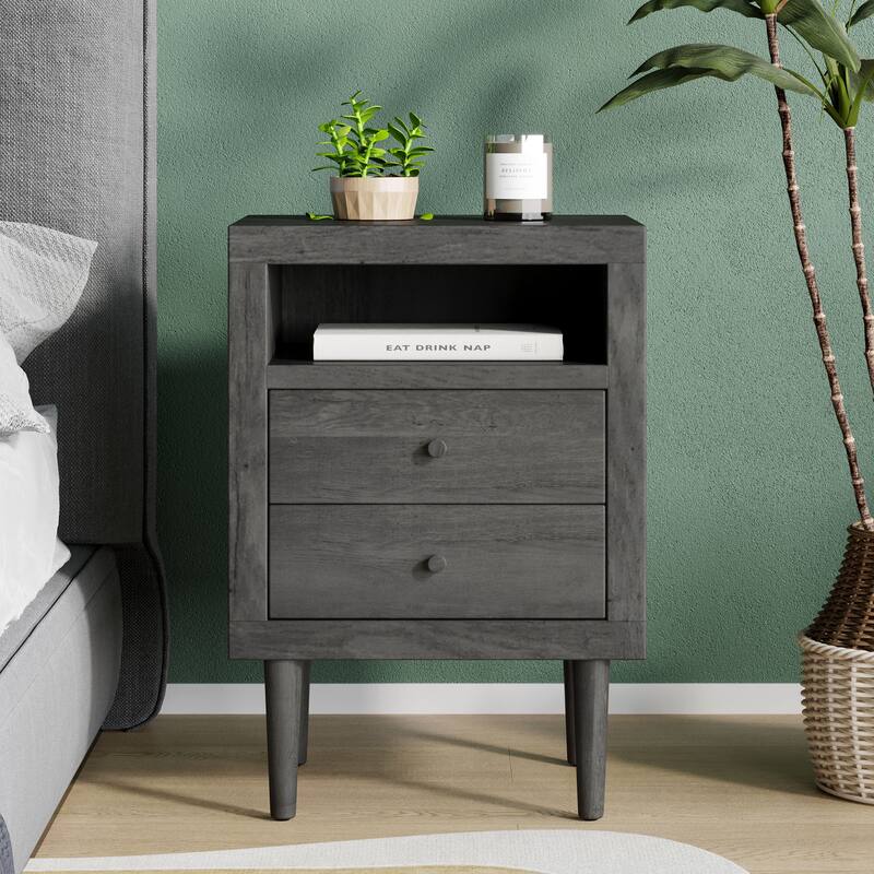 2-Drawer Nightstand with Mid-Century Design, Faux Wood Frame, and Rubberwood Legs, Storage Shelf - Grey