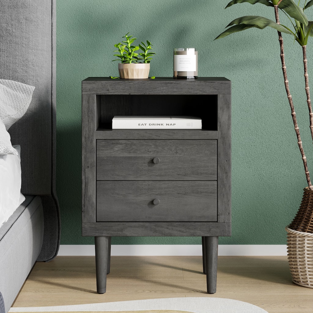 Mid-Century 2-Drawer Nightstand with Faux Wood and Rubberwood Legs