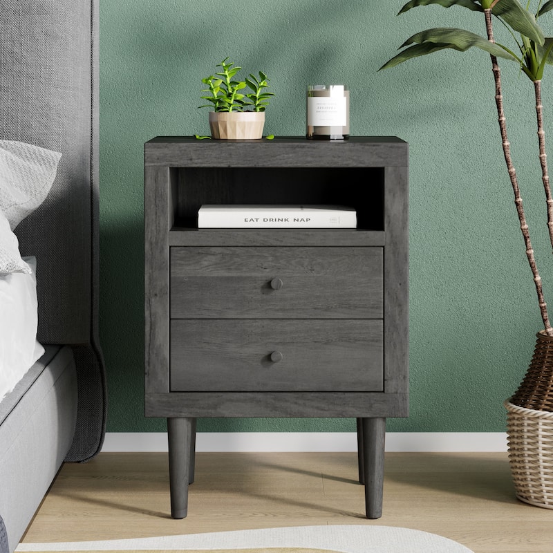 Mid-Century Nightstand with Splayed Legs and Dual Drawers - Gray