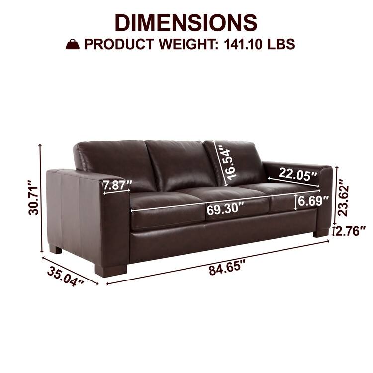Oversized Genuine Leather Sofa with Plush Feather Cushions, Square Arms, and Sturdy Block Legs