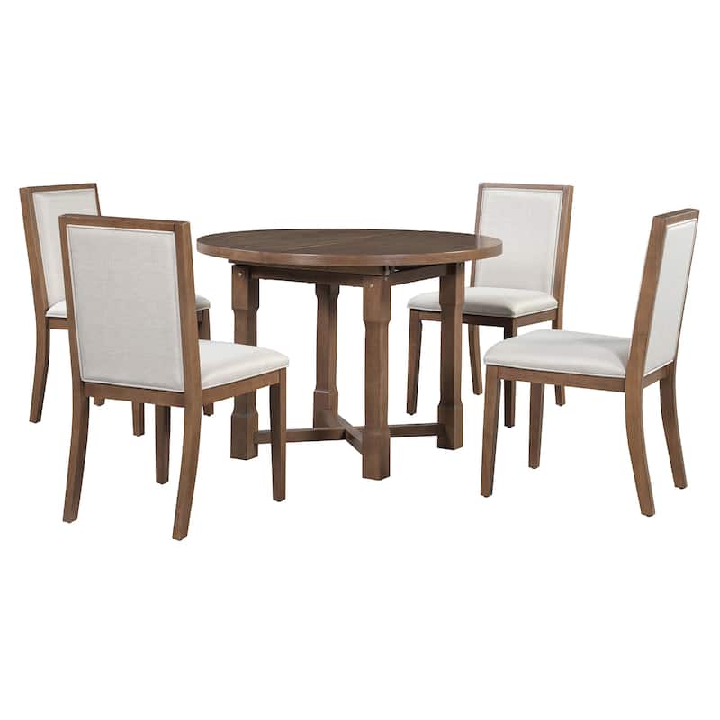 5 Pcs Round Extendable Dining Table Set with 4 Upholstered Chairs, Kitchen Table Set with Removable Leaf & Solid Wood Trestle