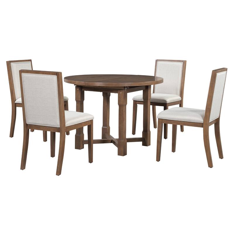 5-Piece Extendable Dining Table Set for 4, Round Dining Table for 4 with Upholstered Chairs, Farmhouse Kitchen Table Set