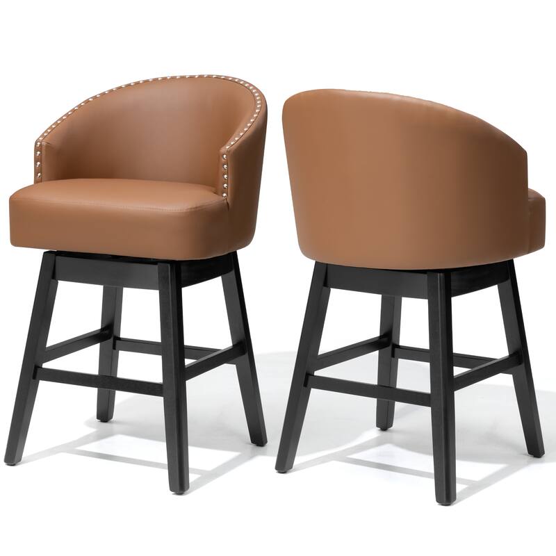 26.4"H Swivel Faux Leather Upholstered Solid Wood Counter Stools - Set of 2 - 26.6''-Brown Cushion+Black Legs