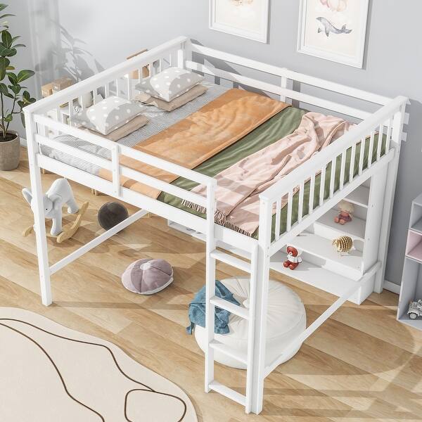 slide 2 of 14, Full Size Loft Bed with Open Storage Shelves and Built-in Ladder White