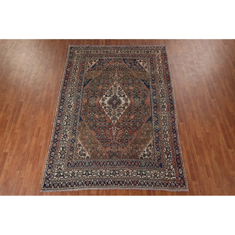 Geometric Hamedan Vintage Persian Area Rug Hand-Knotted Wool Carpet - 7'2" x 10'4"