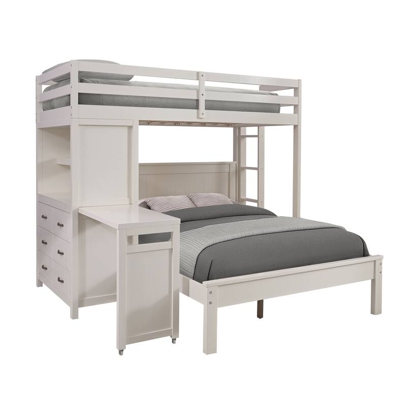 Furniture of America Elyra Modern Twin Over Full 3-in-1 White Solid Pinewood Loft Bed with Bookcase, Desk and USB Port