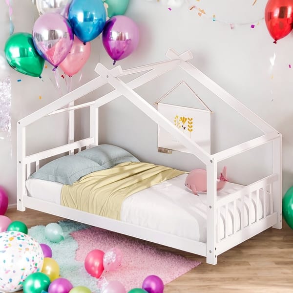 slide 2 of 29, Twin Size House Bed Wood Bed,Solid Construction White