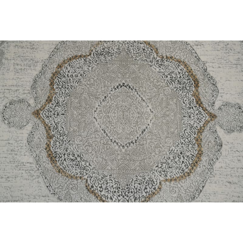 Machine Made Oriental Polyester Carpet Traditional Medallion Greys & Charcoal Tabriz Area Rug - 7' 5'' X 5' 2''