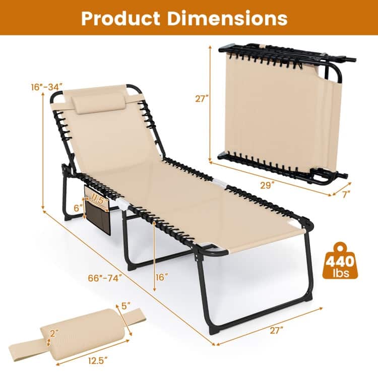 Fabric Metal Oversized Folding Patio Chaise Lounge with Adjustable Backrest, Side Pocket - 66"-74" x 27" x 16"-34" (L x W x H)