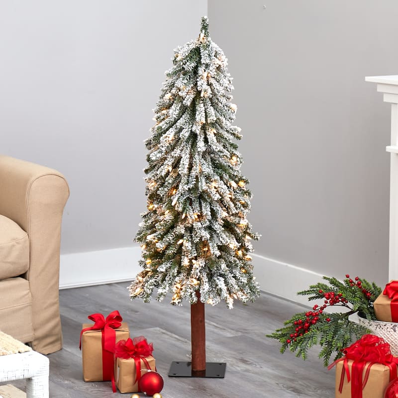 4ft. Flocked Grand Alpine Artificial Christmas Tree with 100 Clear Lights & 361 Branches on Trunk - Compact Winter X-Mas Accent