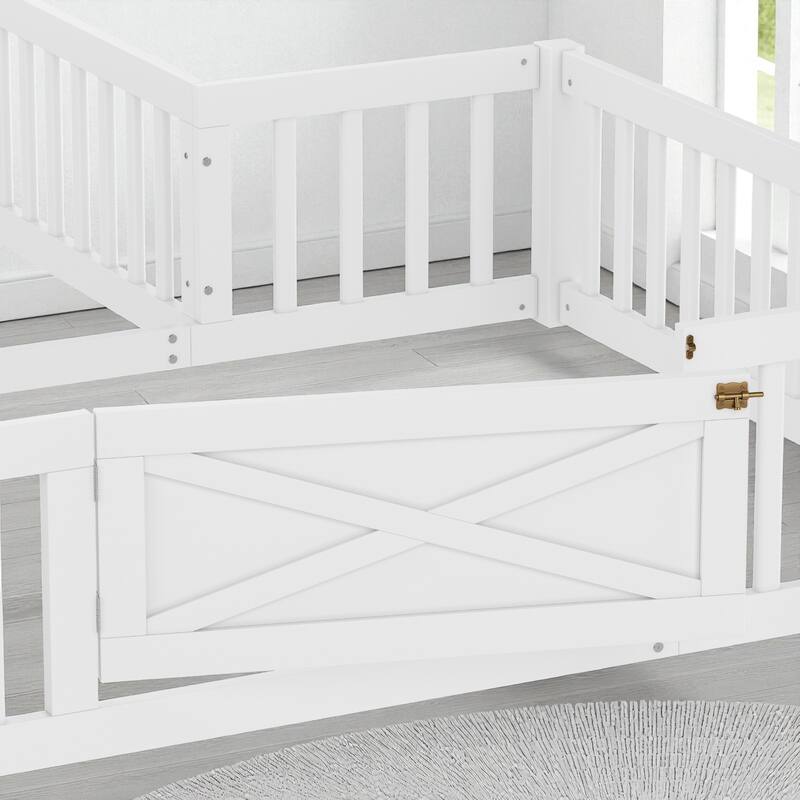 Twin/Full Size House Floor Bed with Door and Guardrails, Double Twin/Full Solid Wood Montessori Bed for Kids