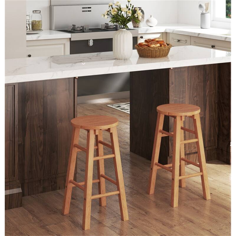 24-Inch Natural Wooden Counter Height Bar Stools with Footrest and Round Seat for Kitchen or Patio - 12" x 13" x 24"