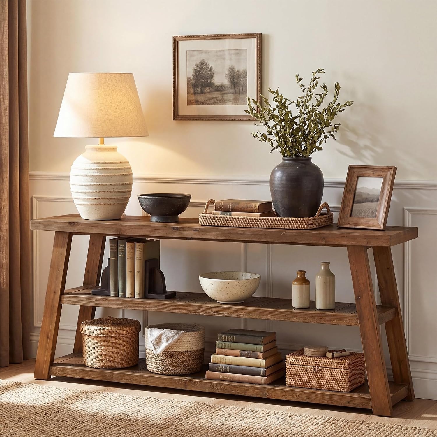 63" Solid Wood Console Table, 3-Tier Farmhouse A-Frame Entryway Table with Open Storage, Rustic Brown