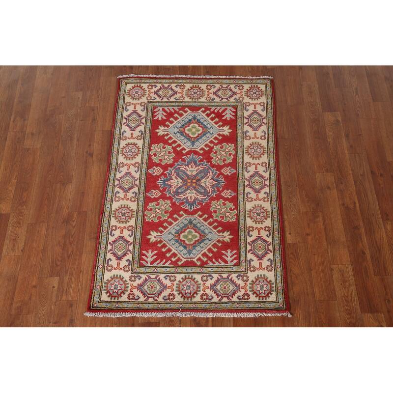 Geometric Red Kazak Accent Rug Handmade Wool Carpet - 2'8" x 4'1"