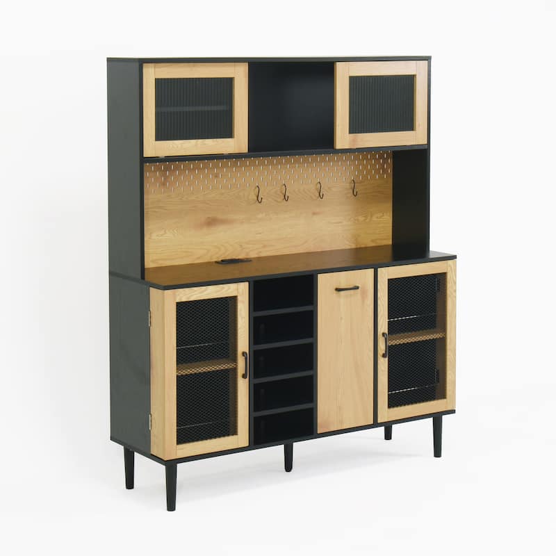 59" H Buffet Sideboard Cabinet with Storage Door & Power Outlet, Farmhouse Coffee Bar Cabinet with Wine Rack, Kitchen Pantry
