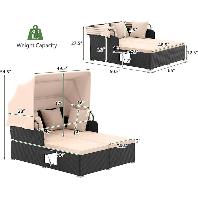 Costway Patio Rattan Daybed Lounge Retractable Top Canopy Side Tables - See Details