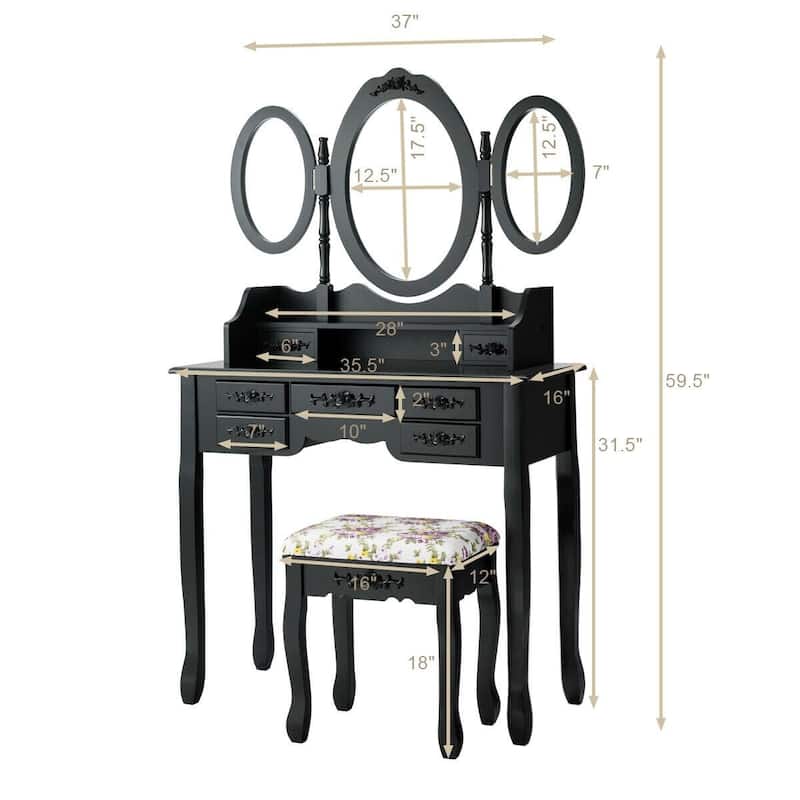 7 Drawer Tri-Folding Mirror Dressing Vanity Makeup Set - 35.5" x 16" x 59.5" (L x W x H)